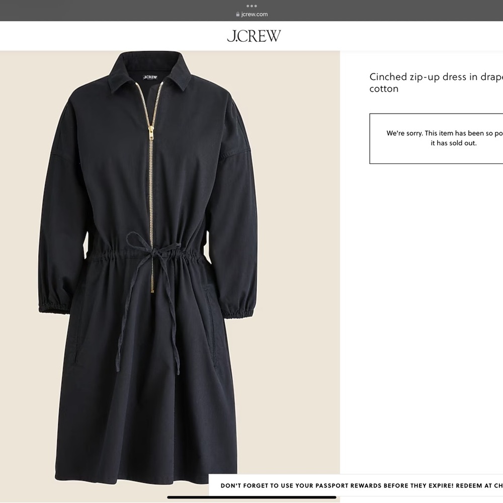 J. Crew Black Cinched Zip-Up Dress